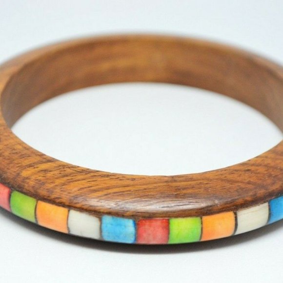 Vintage Jewelry - Multi-Color Dyed Bovine Bone Inlay Wood Bracelet